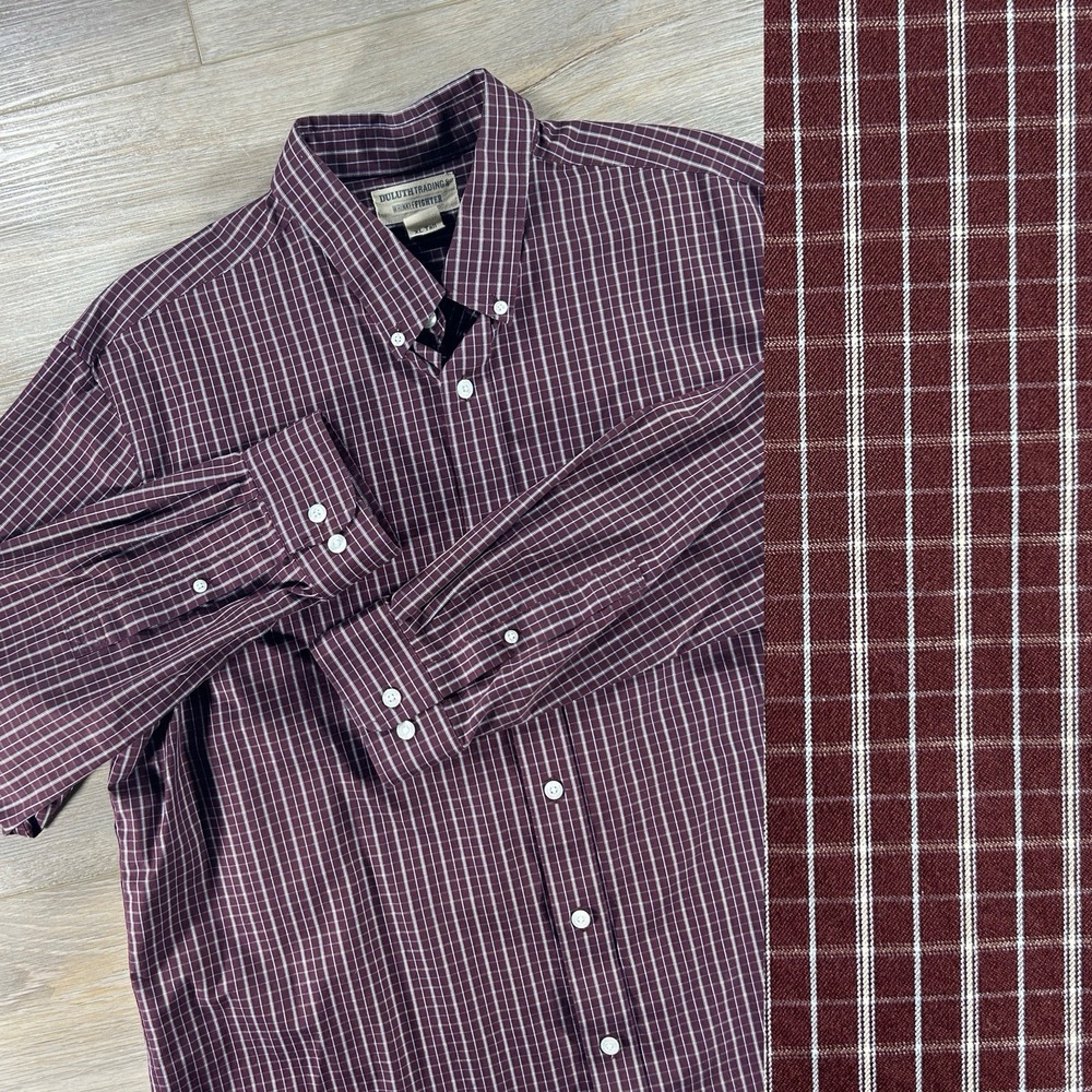 Duluth Trading WrinkleFighter Mens XL Tall Deep Port Check Long Sleeve Button